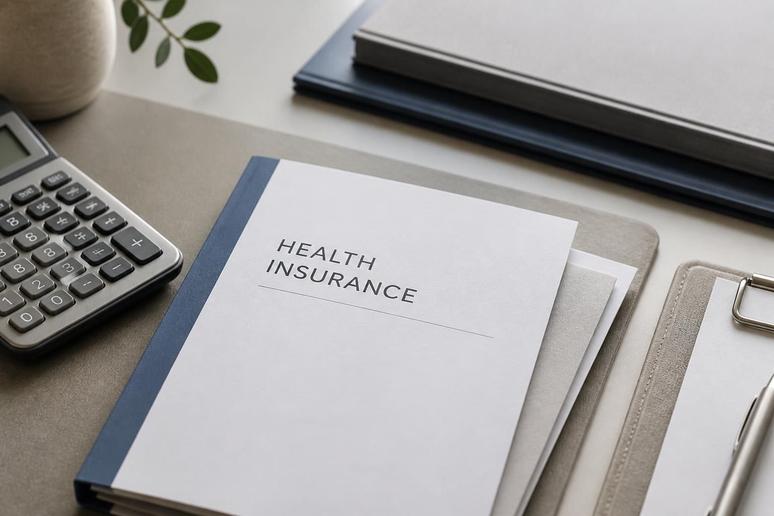 Close-up of organized insurance materials on a clean office desk.